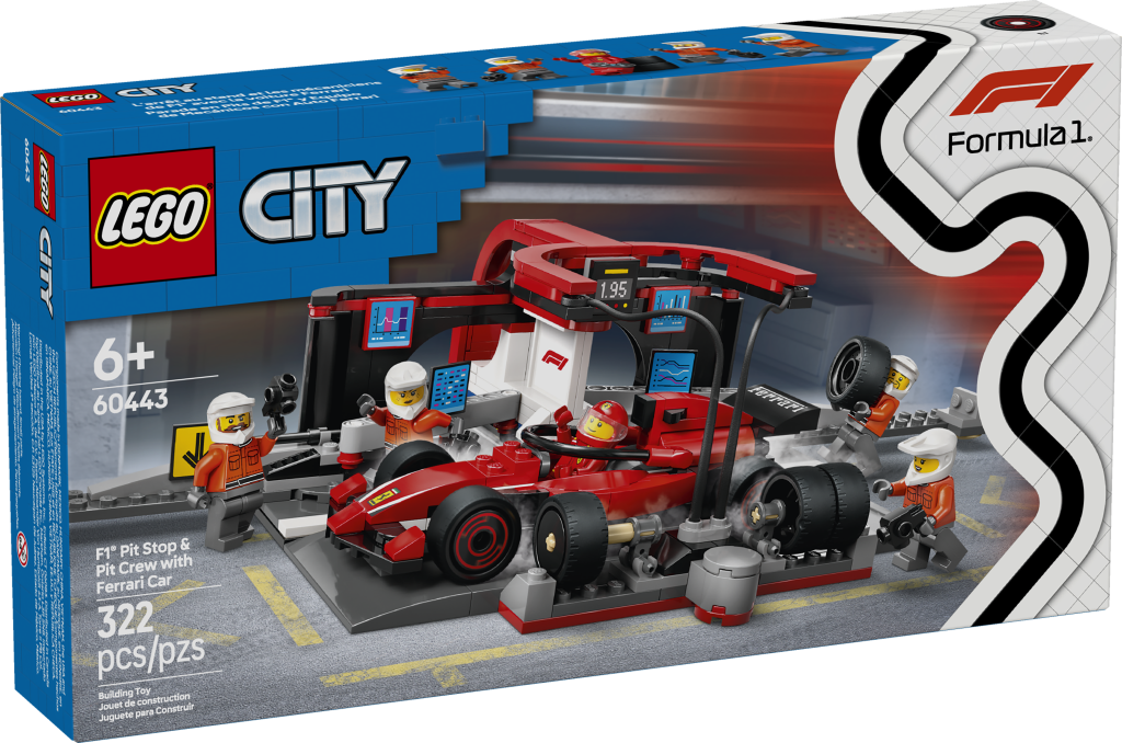 LEGO City 60443 F1 Pit Stop Pit Crew med Ferrari-bilkasse foran 1024x678