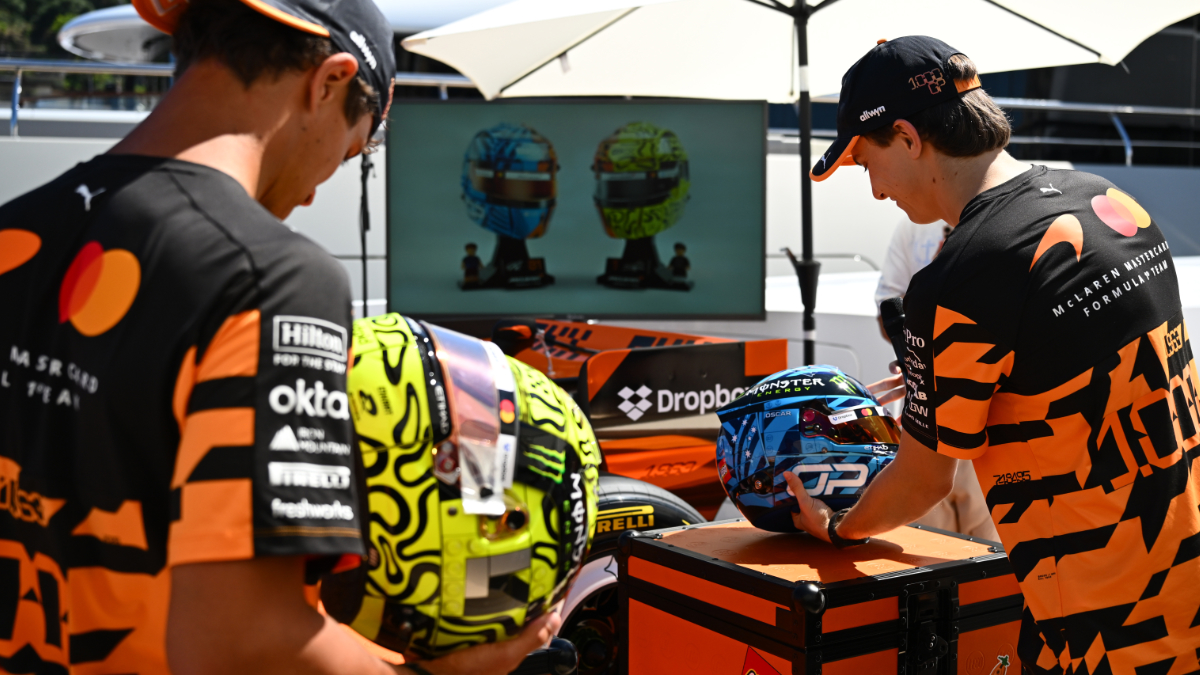McLaren’s Lando Norris and Oscar Piastri unveil their real-life LEGO F1 helmets