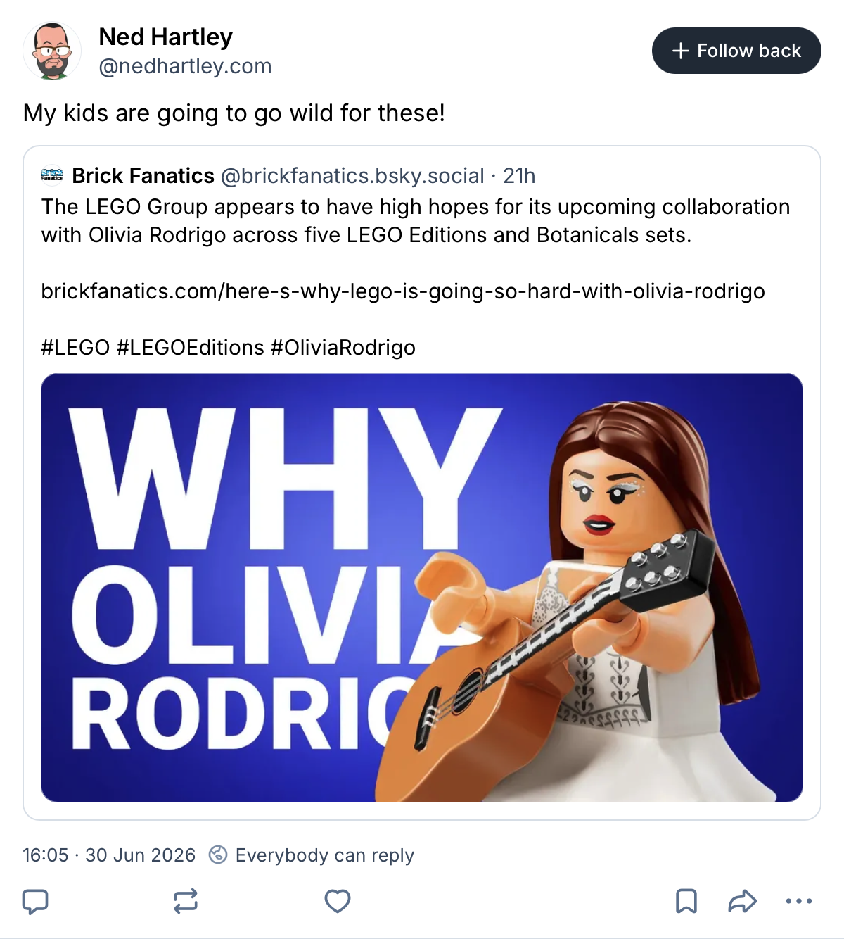BlueSky Olivia Rodrigo LEGO reaction screenshot