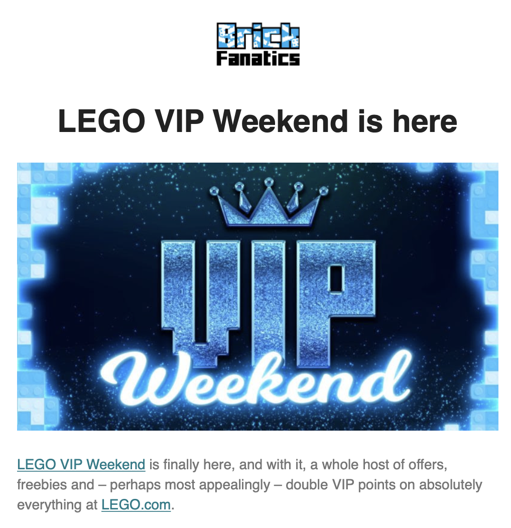 LEGO VIP Weekend newsletter screenshot