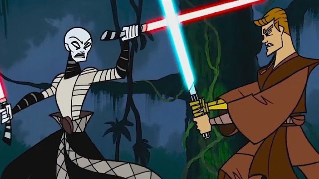Star Wars Clone Wars Anakin Skywalker Asajj Ventress combat au sabre laser