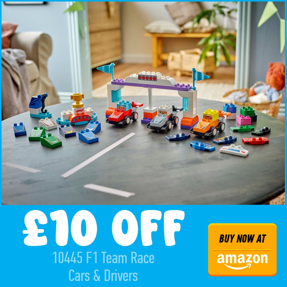 lego duplo 10445 F1 Team Race cars drivers 10 off amazon deal card blue