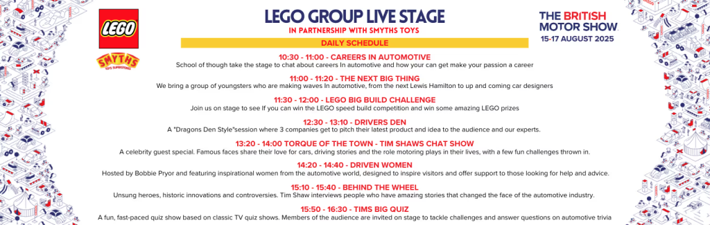 LEGO and Smyths Toys British Motor Show daily schedule 1024x325