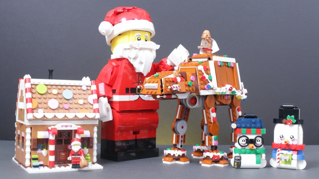 LEGO Christmas 2025 sets 40812 Snowman Ornaments 40809 Festive Gingerbread House 40820 Up Scaled Santa Minifigure 40806 Gingerbread AT AT Walker review title 2 1024x576