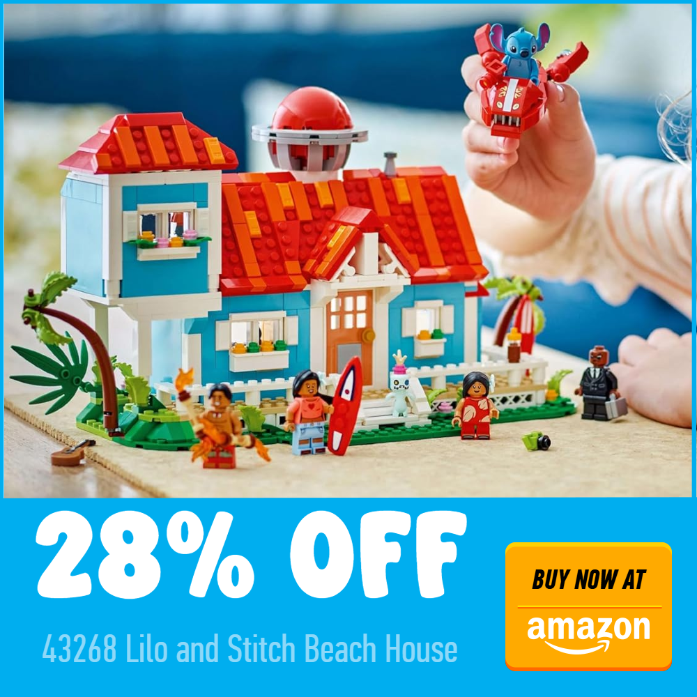lego disney 43268 lilo and stitch beach house 28 off amazon deal card blue