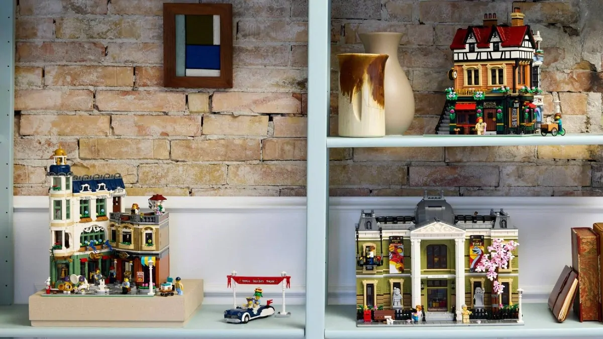 LEGO 11371 Shopping Street next to almost every modular building