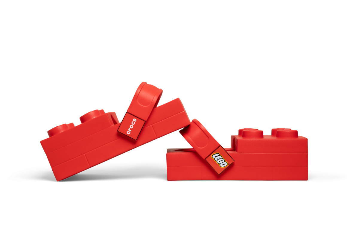 Crocs x LEGO Brick Clog side view showing brick shape and heel strap branding