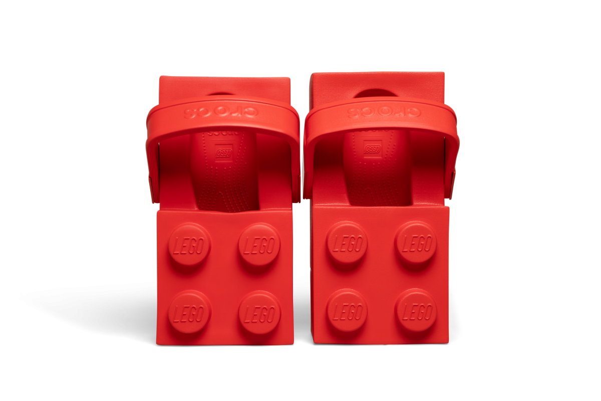 Crocs x LEGO Brick Clog top down view showing LEGO logo stamped studs