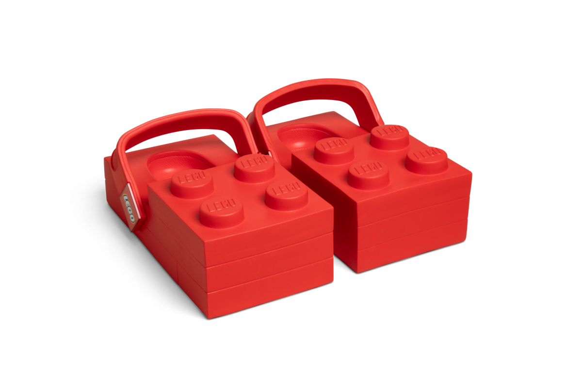 Crocs x LEGO Brick Clog in red with LEGO studded upper and heel strap