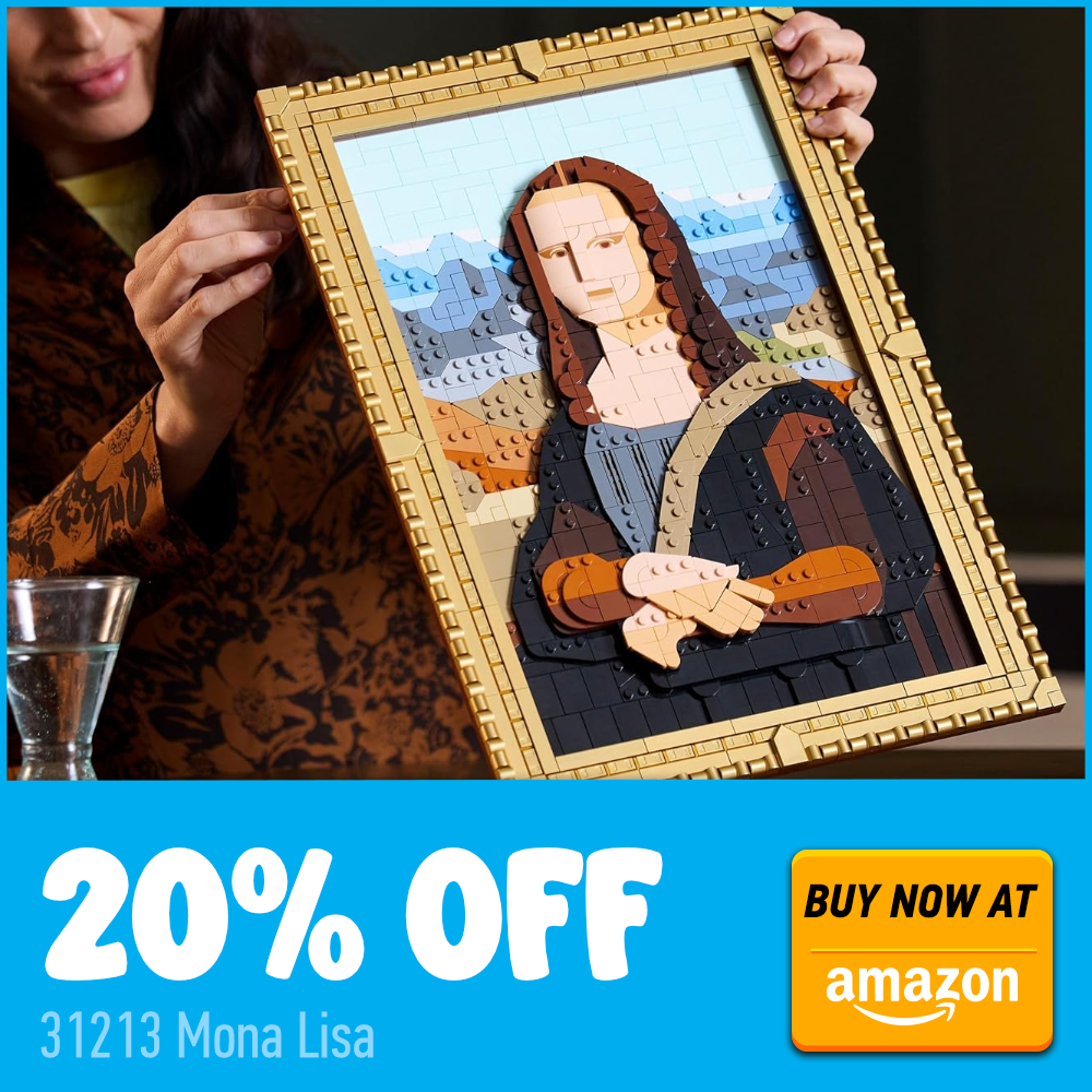 Cartão promocional Lego Art 31213 Mona Lisa com 20% de desconto na Amazon.