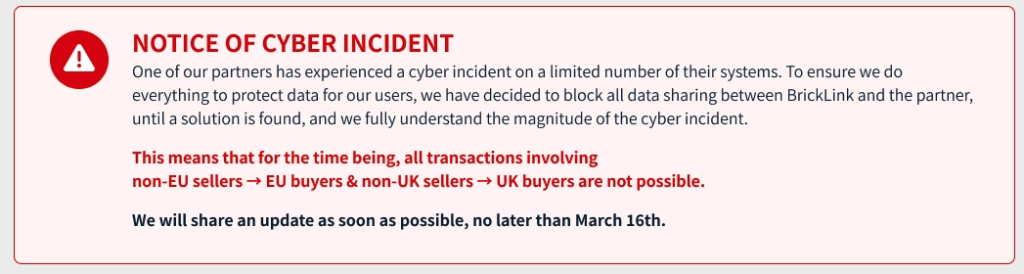 Bricklink cyber incident warning