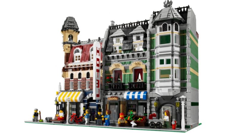 LEGO Modular Buildings Collection 10182 Cafe Corner 10185 Green Grocer in primo piano ridimensionato