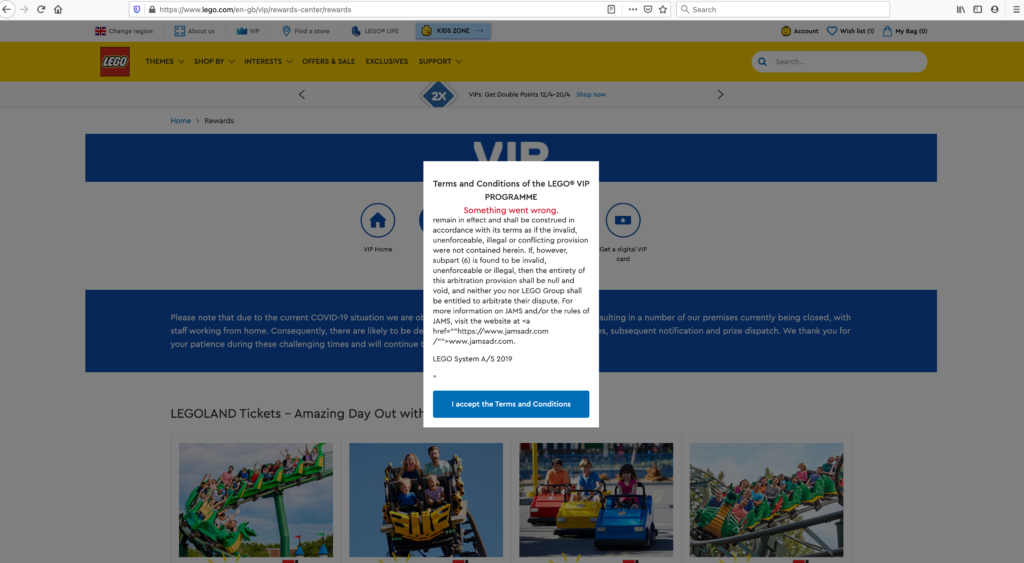 LEGO VIP Rewards Centre Terms and Conditions error