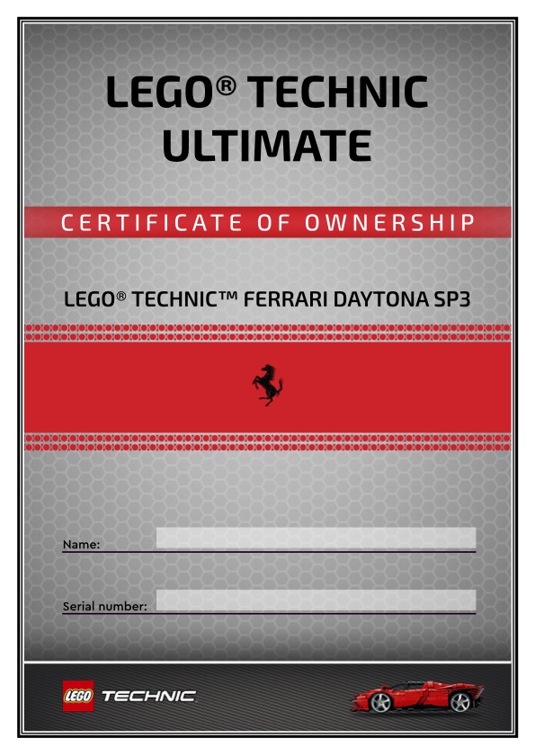 Technic Ferrari Daytona 42143 Certificate